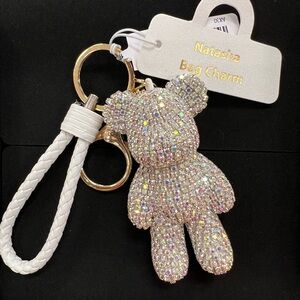 Viral Natasha Sparkling Rhinestones Bear Bag Charm/Keychain with White Strap